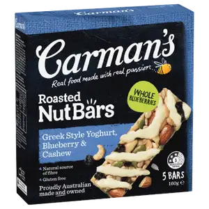 Greek Style Yogurt, Blueberry & Cashew Gluten Free Roasted Nut Bar - Carman's