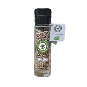 Organic White Peppercorn in Glass Bottle with Adjustable Grinder - Sela Pepper