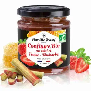 Organic Honey and Strawberry-Rhubarb jam - Famille Mary